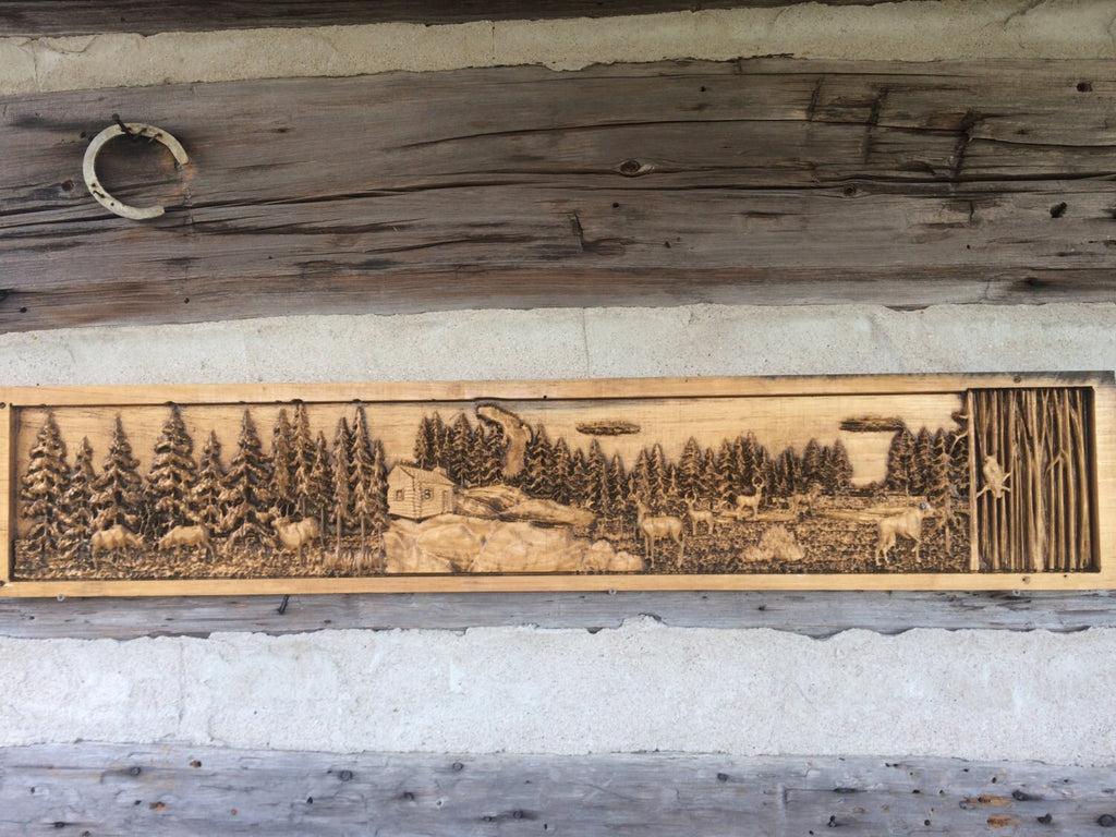 Deer Carved Pine Wood Mantel - Wildlife Cabin Decor