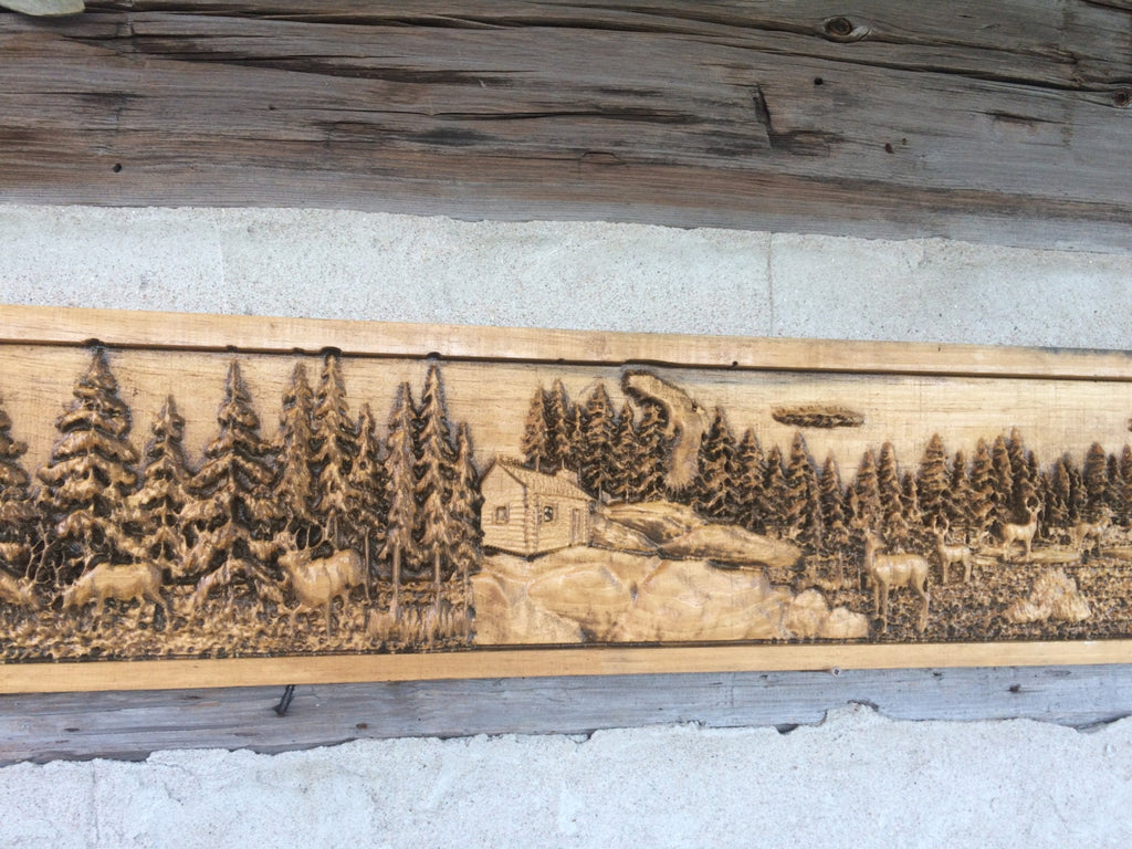 Deer Carved Pine Wood Mantel - Wildlife Cabin Decor
