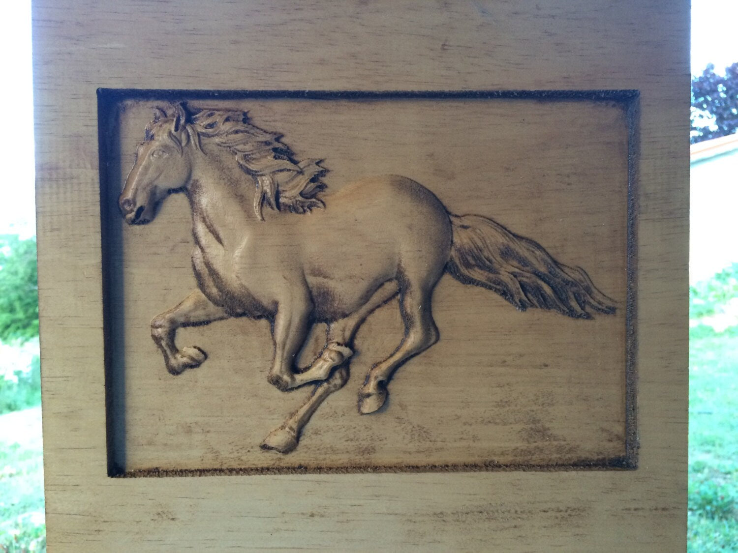 Wood Carved Horse on Pine personalized